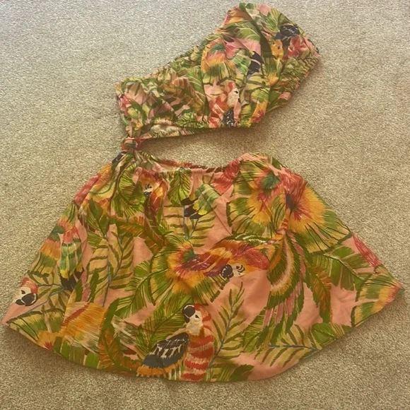 Farm Rio Macaw Leaves Linen-Blend Cutout Mini One-Shoulder Dress, sz XS - Picture 8 of 12